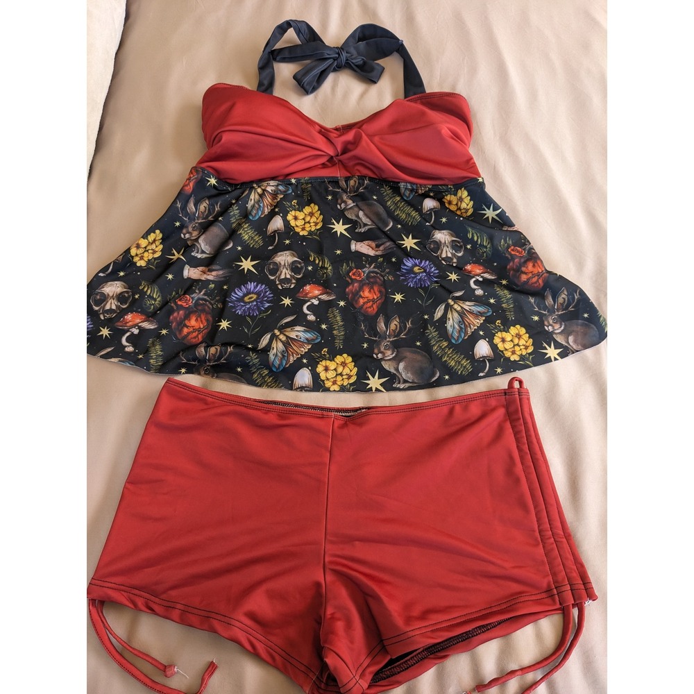 Gothic Cottagecore Skulls Rabbits Tankini Swimsuit Set Red Black XL